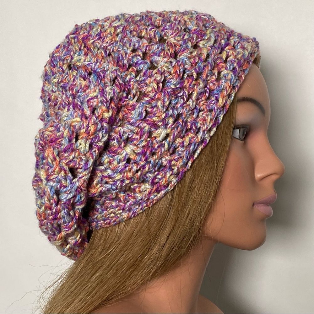 Hand Crocheted Slouchy Beanie Crochet Hat Granny Square Boho Hippie Unique